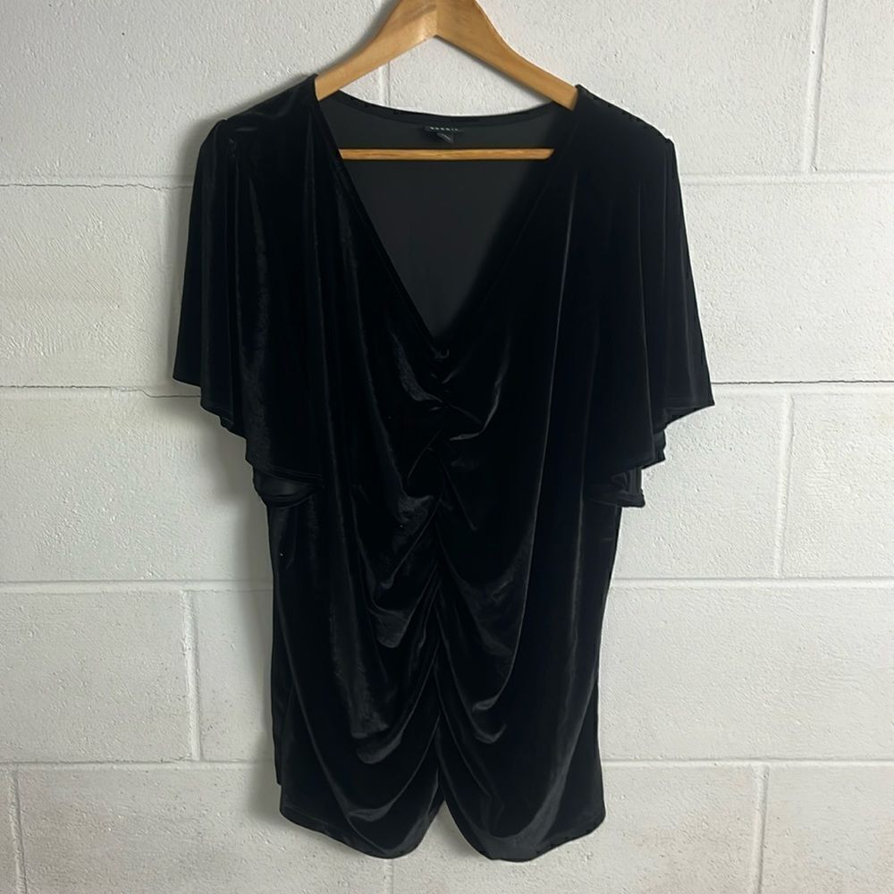 Torrid black velvet shirred-front stretch flutter sleeve top - Picture 1 of 5